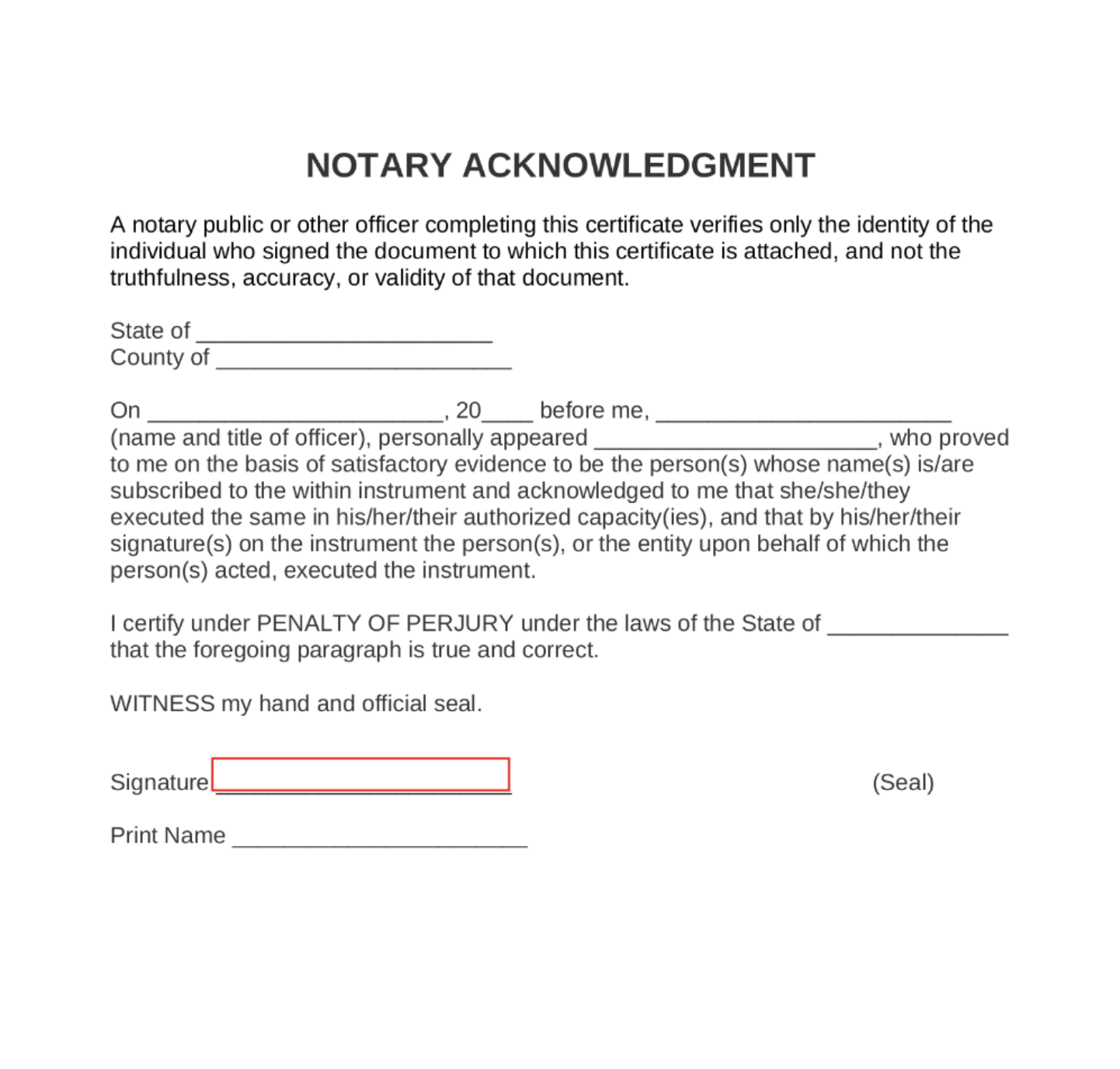 Sample notarial acknowledgment form ready for completion