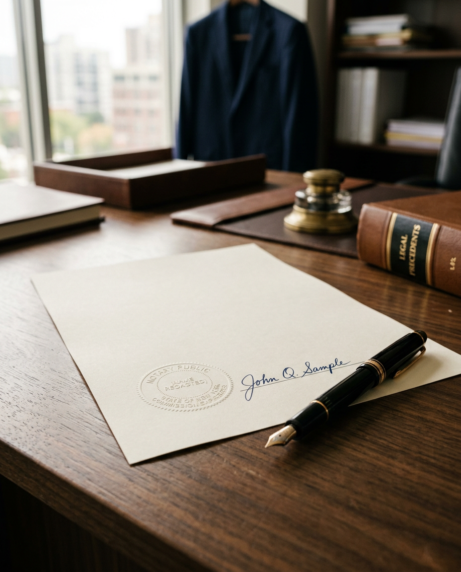 Notary seal and pen resting on a signed document