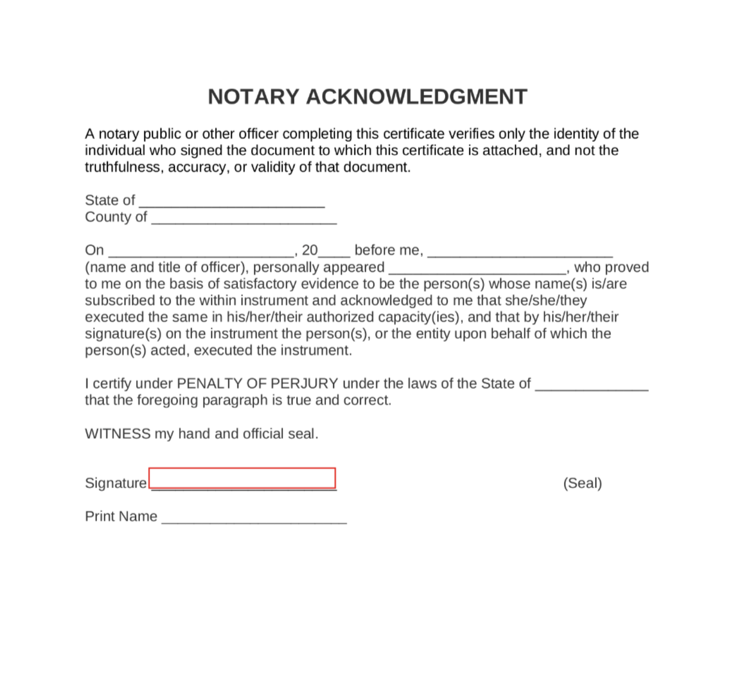 Sample notary acknowledgment certificate with blank fields